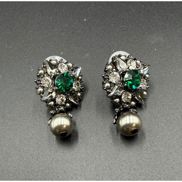 Dark Silver and Emerald Stud Dangle Earrings - Picture 1 of 4